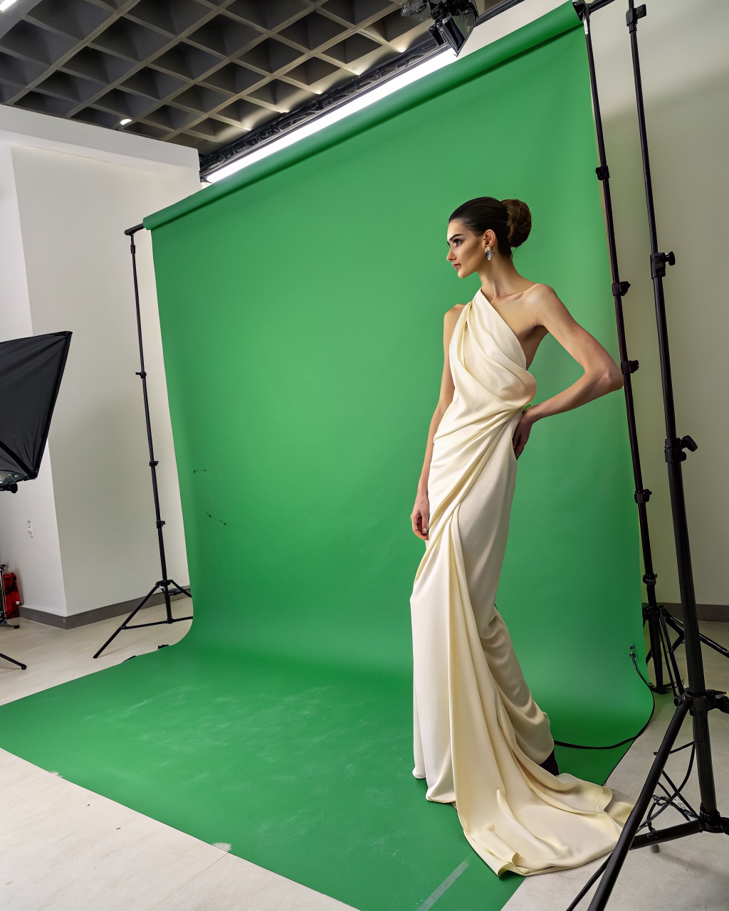 Real model in an ivory draped gown standing on a green chroma-key screen in a photo studio, flat even light