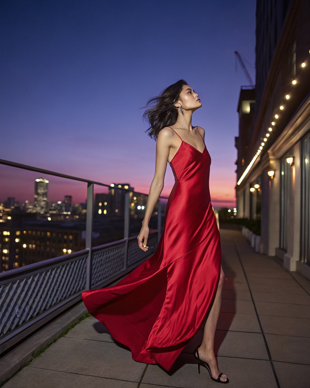 Same model and dress on a rooftop at violet dusk