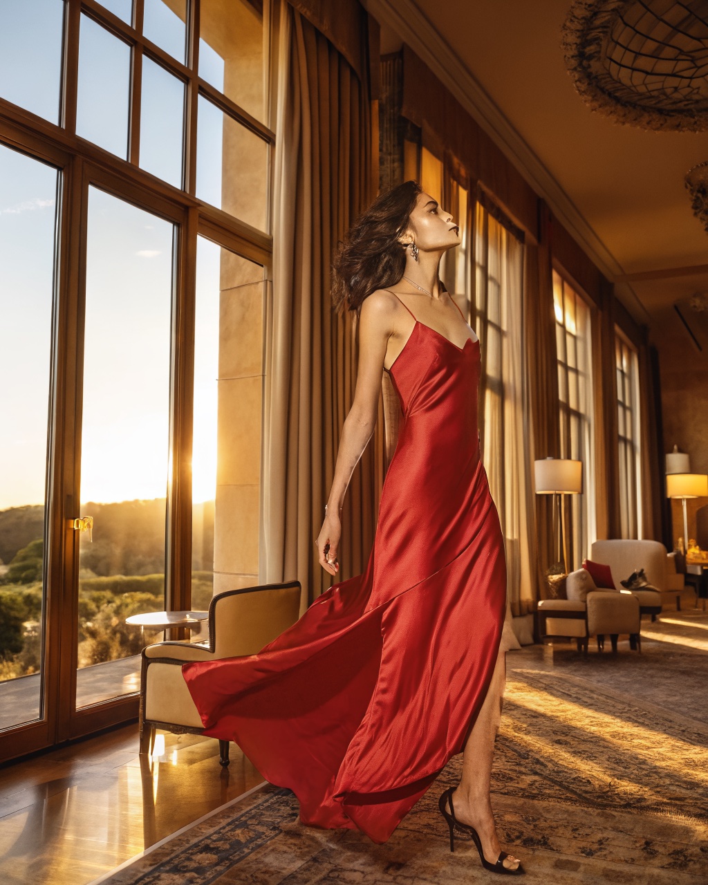 Same model and dress in a golden sunlit luxury interior