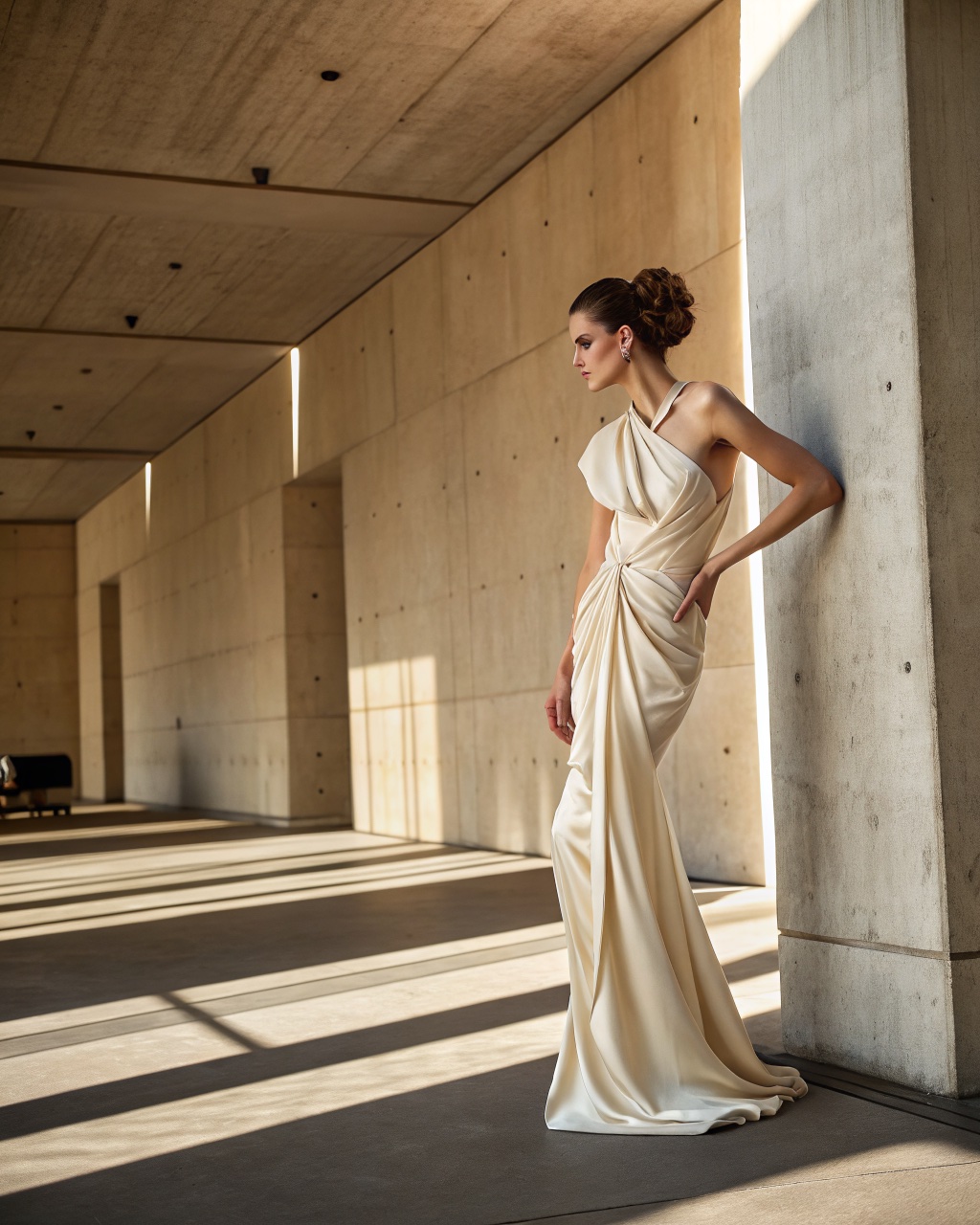 AIVIA output: the same model and gown in a sunlit concrete gallery with cinematic warm light