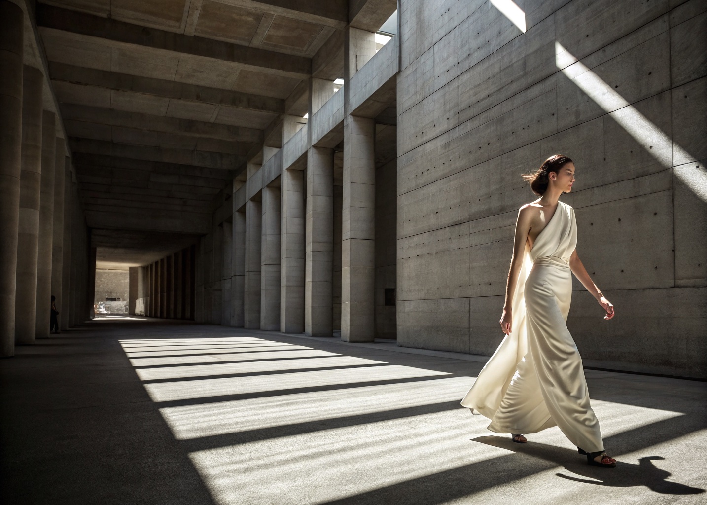 Campaign frame: ivory gown in a brutalist concrete gallery