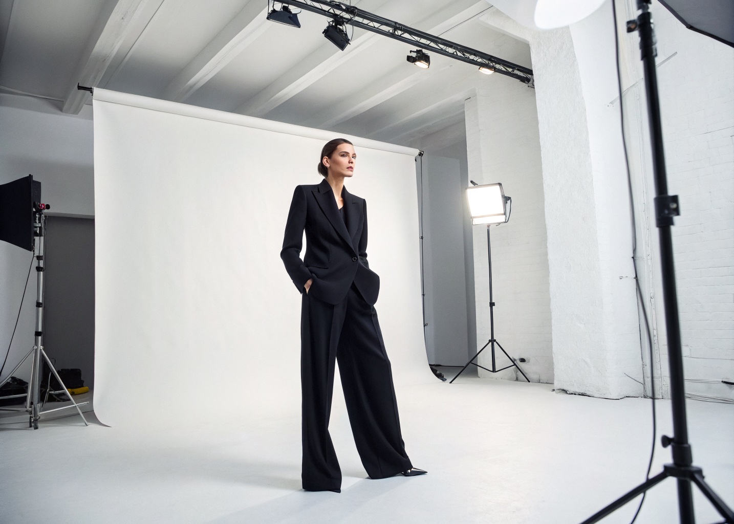 Campaign frame: tailored black suit in a white studio