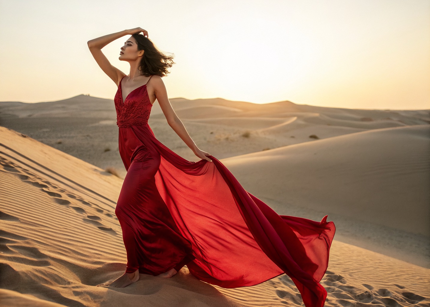 Campaign frame: crimson dress on desert dunes at sunset