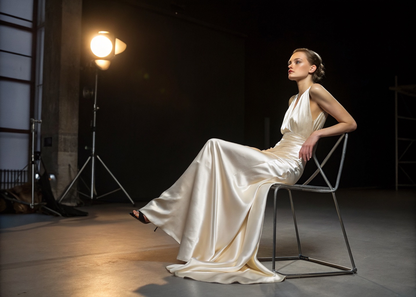 Campaign frame: ivory gown under a spotlight in a dark gallery
